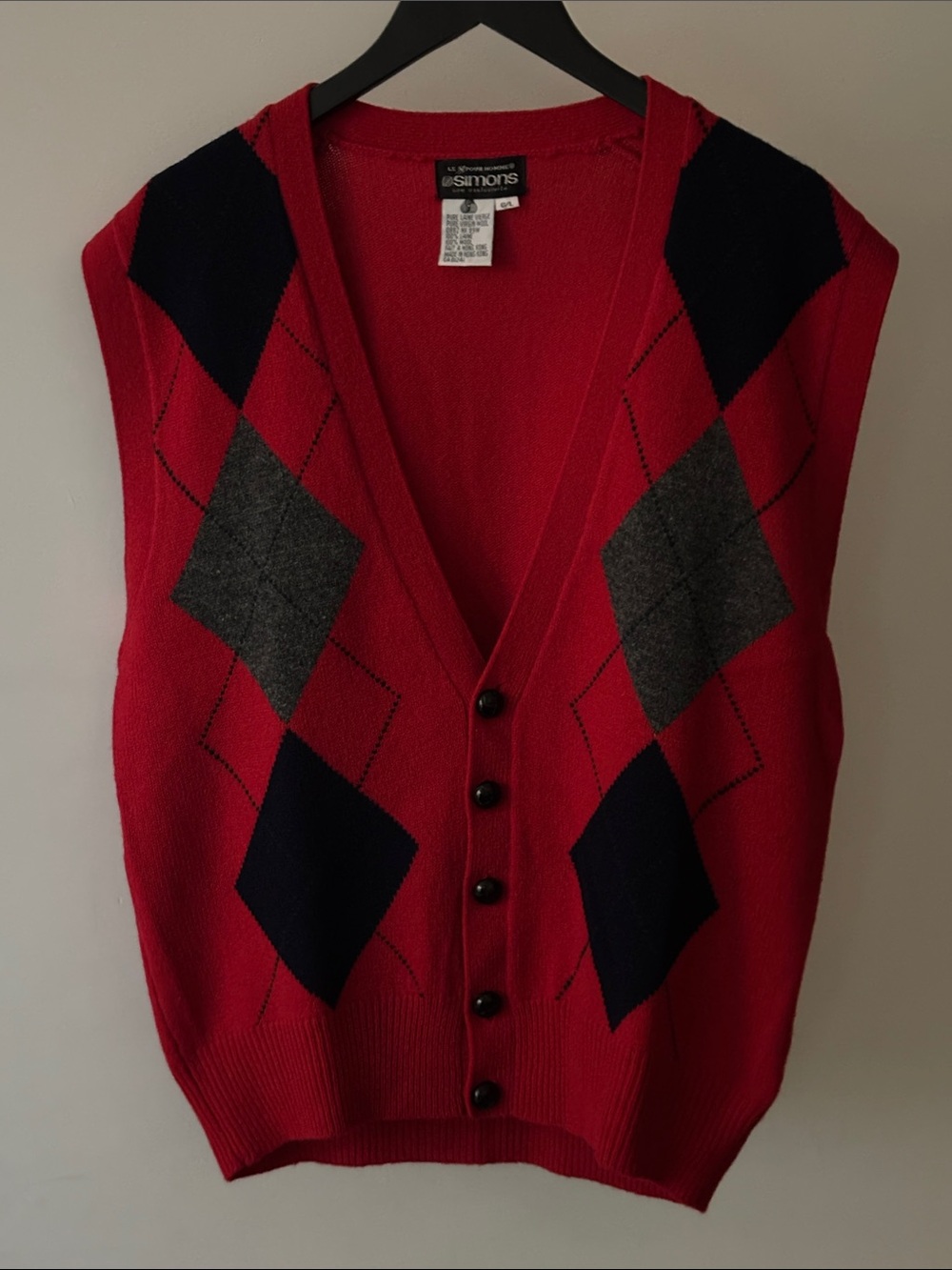 Simons Argyle Cardigan Sweater Vest 100% Virgin Wool Red Navy Gray L